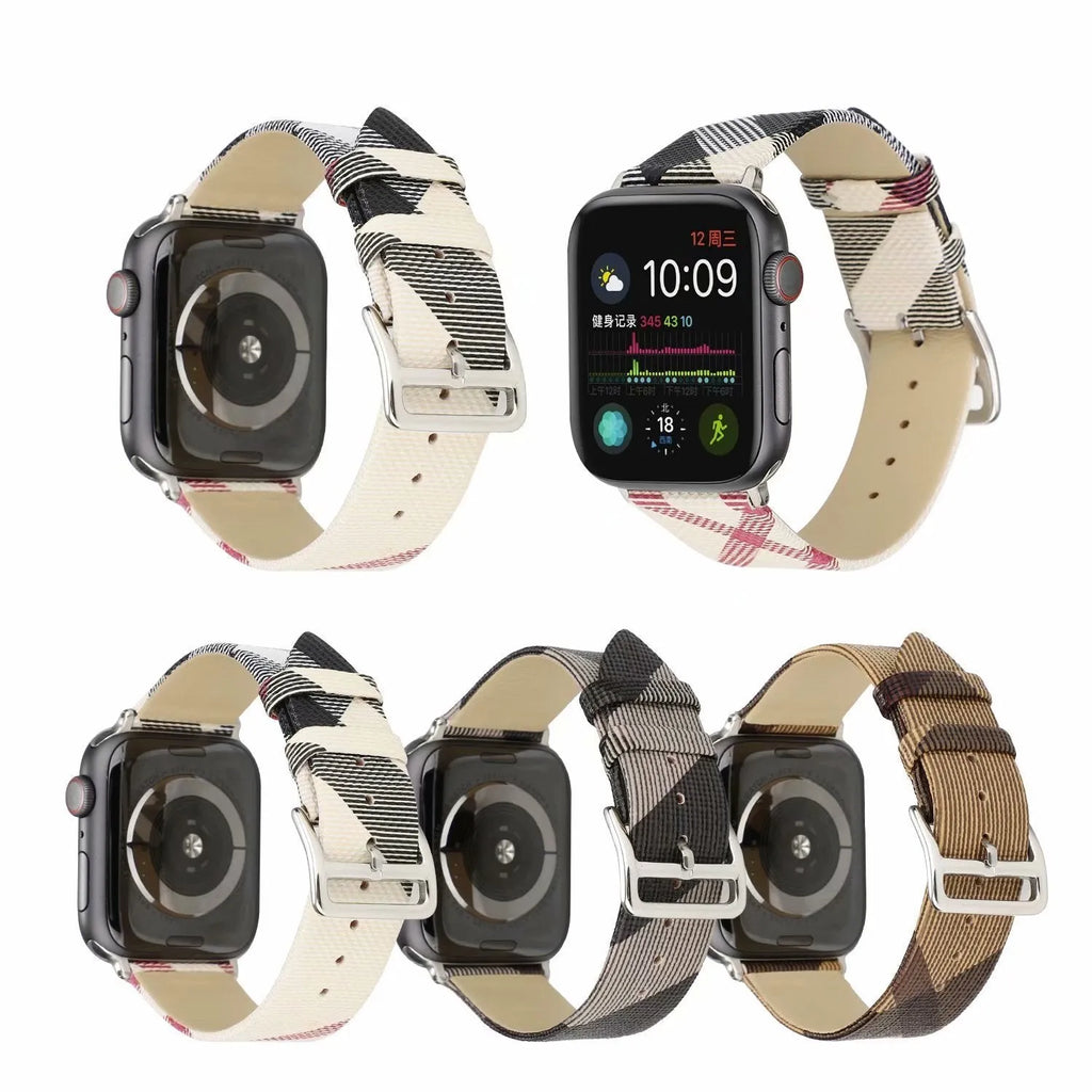 Fashion plaid grey PU watch strap for 38/40mm or 42/44mm watches on a white background