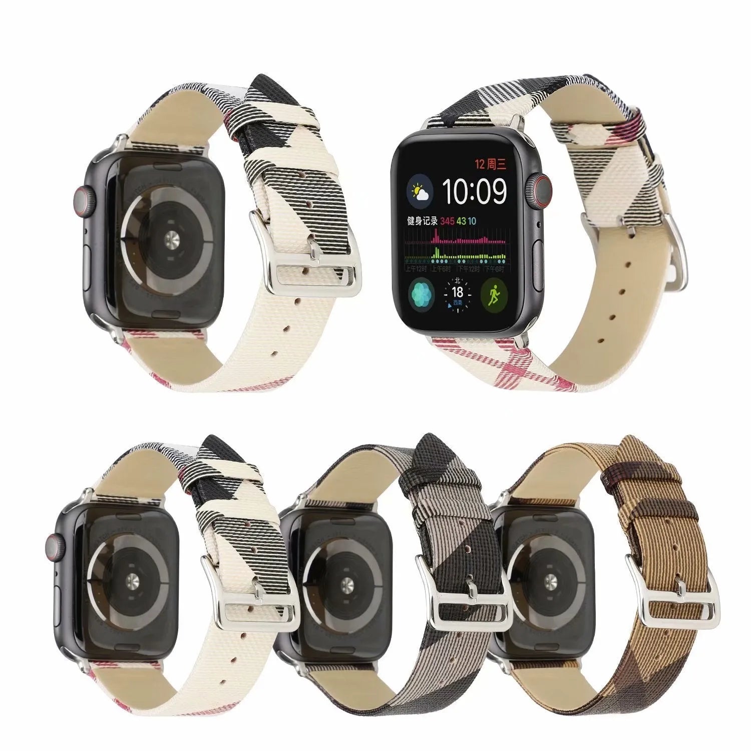 Fashion plaid grey PU watch strap for 38/40mm or 42/44mm watches on a white background