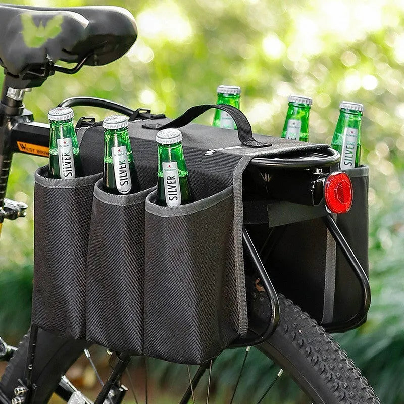 Black and orange double-sided bicycle beverage bag with 2L capacity and anti-scratch shelf