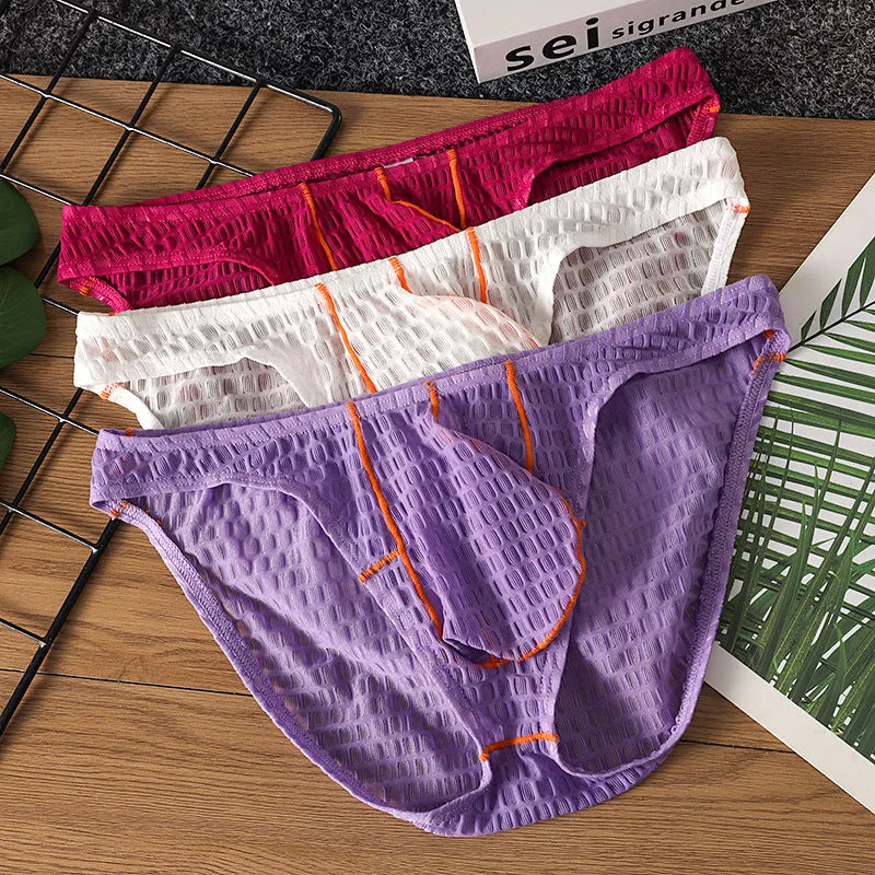 Men's solid colour low waist briefs in lace fabric for sports, shown in multiple colours.