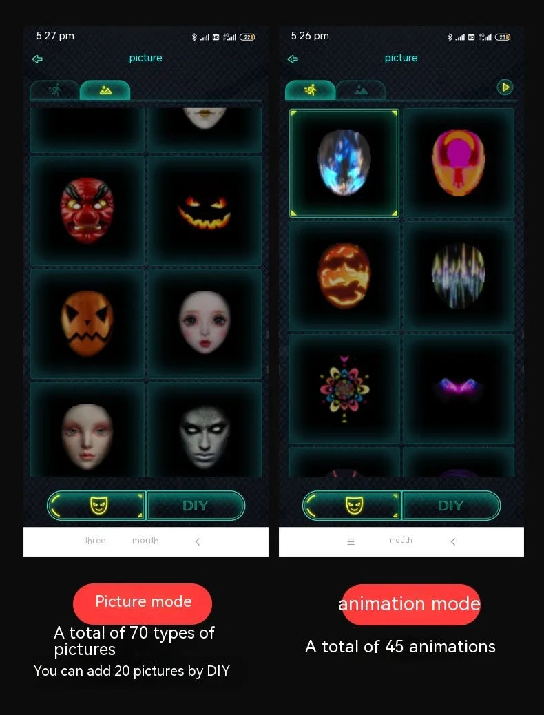 Full colour LED luminous face mask with gesture control and rechargeable battery for Halloween parties