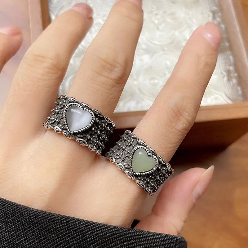 Retro wide-faced adjustable heart ring in white copper plated silver with love design elements