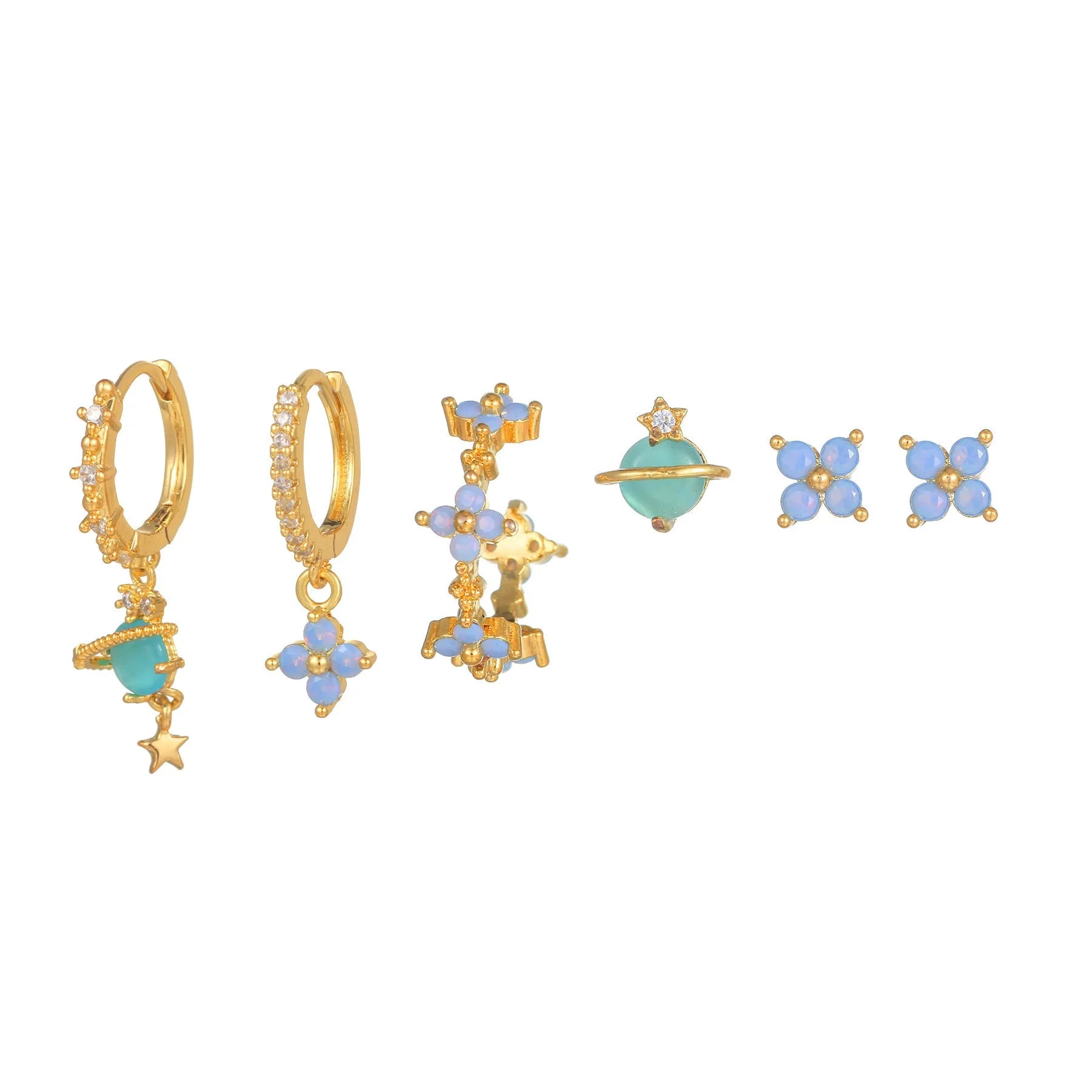 Flower-shaped ear studs with zircon mosaic detail in gold or silver Japanese Korean style