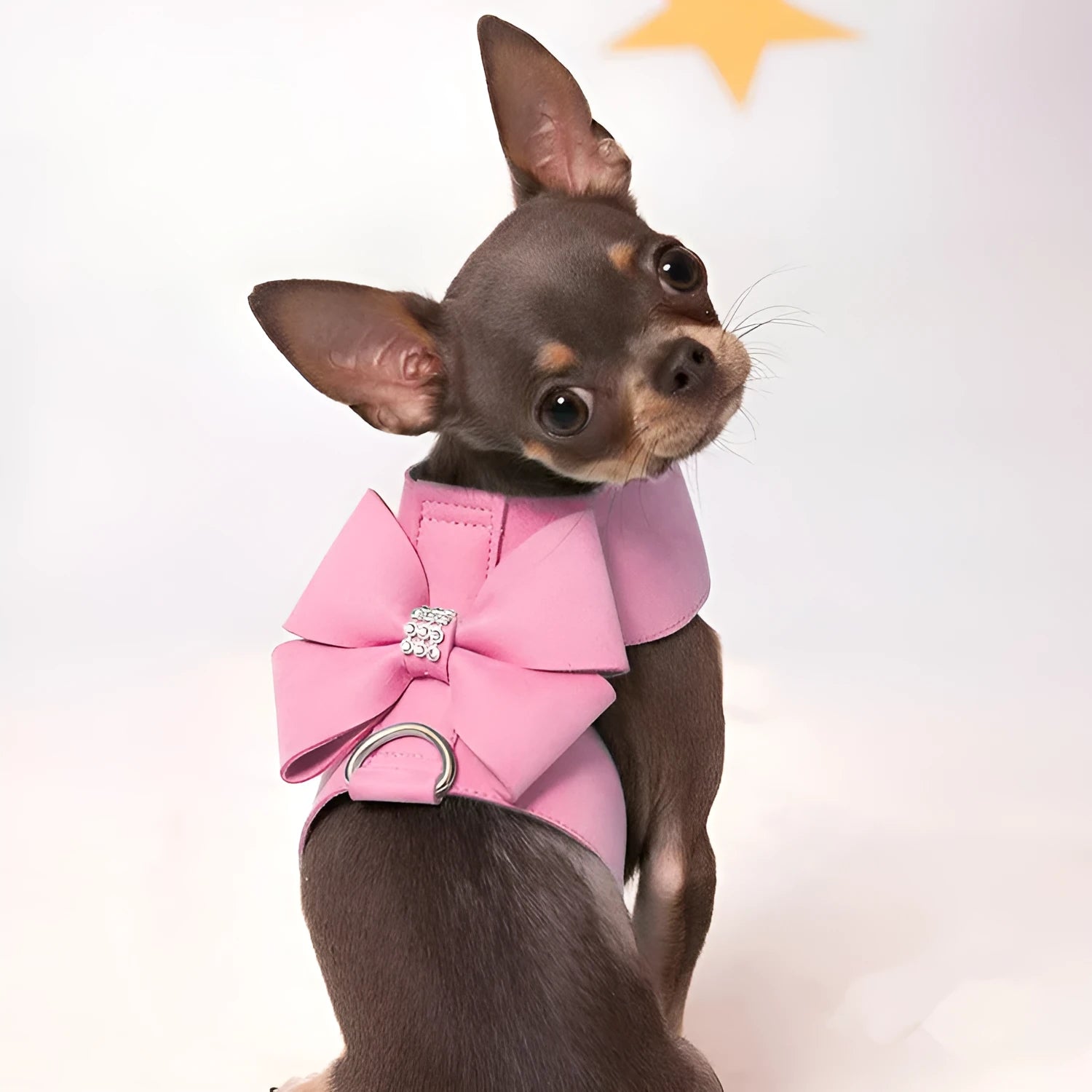 Cute fashion bowknot puppy chest strap harness in microfiber, shown in pink, blue, and orange colour options.