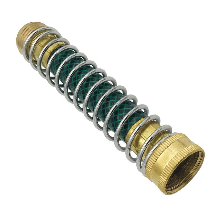 Brass garden hose spring connector with spiral anti-kink design and threaded joints
