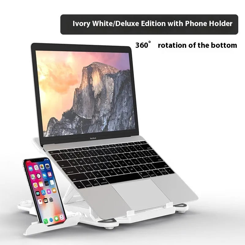 Black ABS plastic laptop cooling bracket with a raised, angled platform on a wooden desk.