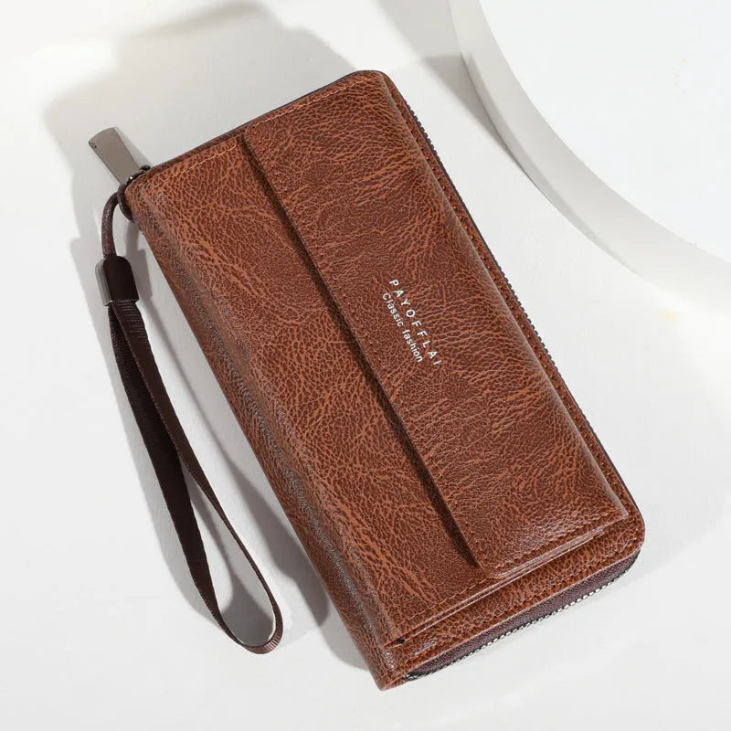 Men's black PU leather wallet with multiple card slots showing 19 cm length