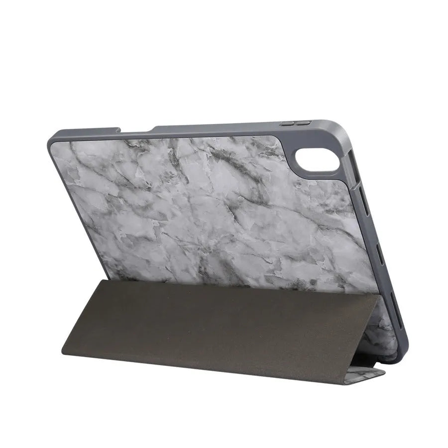 iPad imitation leather case with tri-fold marbling design showing integrated pen slot in dark gray colour