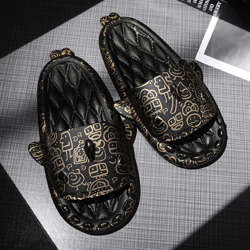 Shark design open-toe EVA foam couple slippers in beige colour, shown in a pair.
