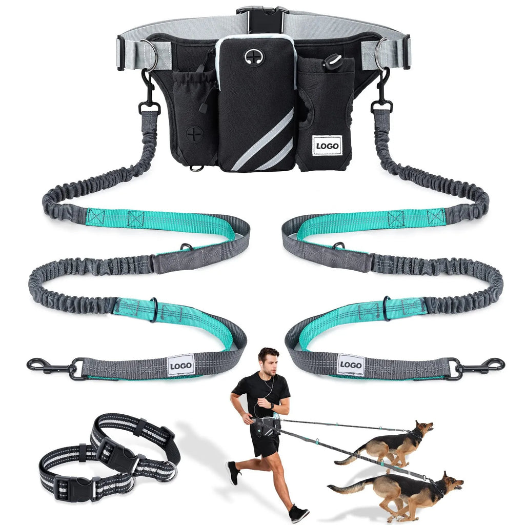 Black nylon dog walking waist bag with integrated leash and collar set for outdoor use