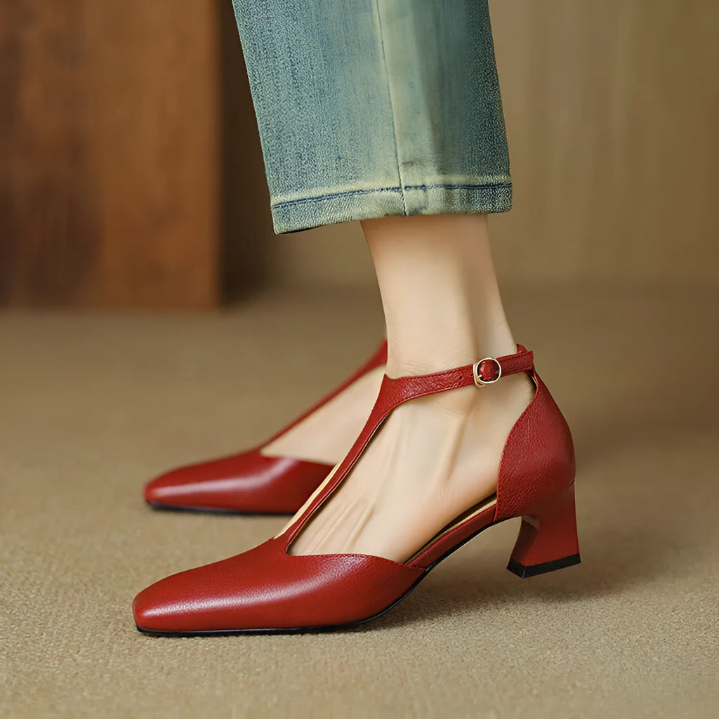 Women's wine red sheepskin leather square toe chunky heel shoes with buckle fastening and decorative sewing lines