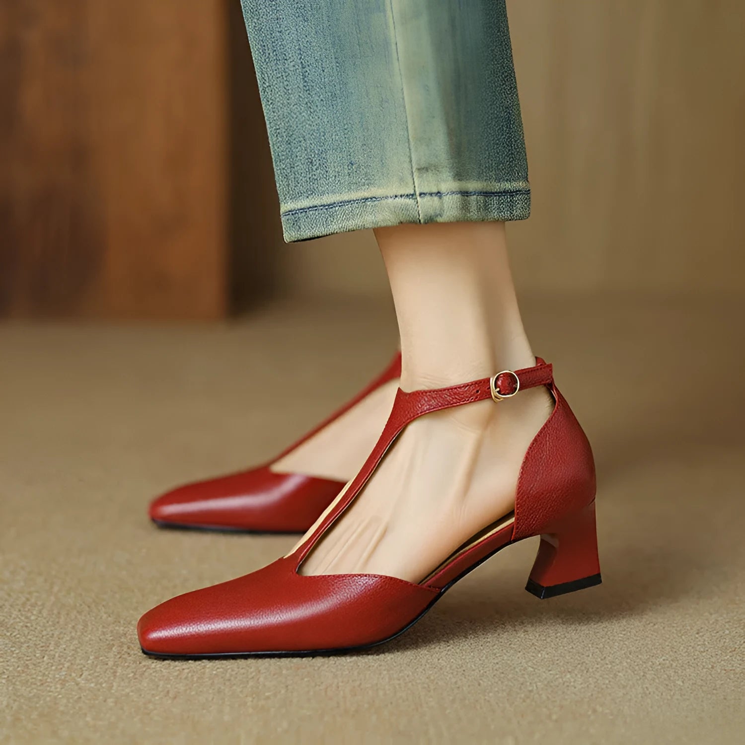 Women's wine red sheepskin leather square toe chunky heel shoes with buckle fastening and decorative sewing lines