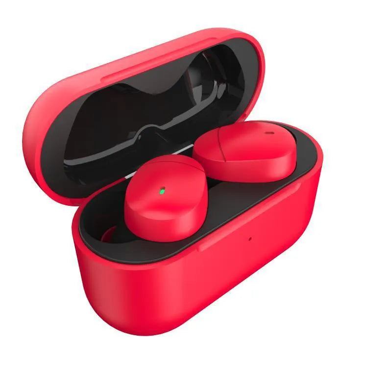 Flame red Qualcomm TWS 3040 Bluetooth headset with earplug design showing USB charging cable
