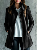 Black mid-length polyester leather jacket for women on a hanger.