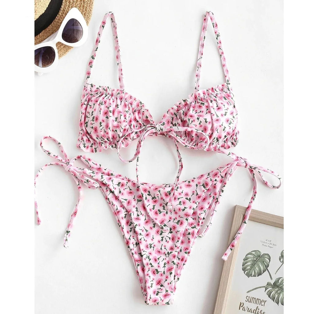 Printed multi-rope banded bikini women's swimsuit in blue with short sleeves and lapel collar