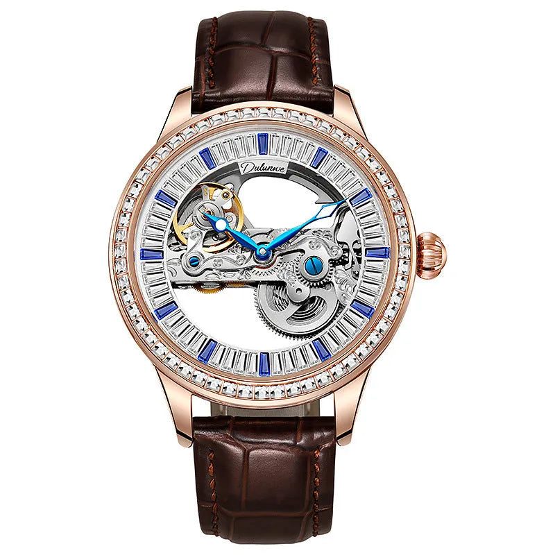 Men's luxury zircon mechanical watch with mineral glass and stainless steel butterfly clasp