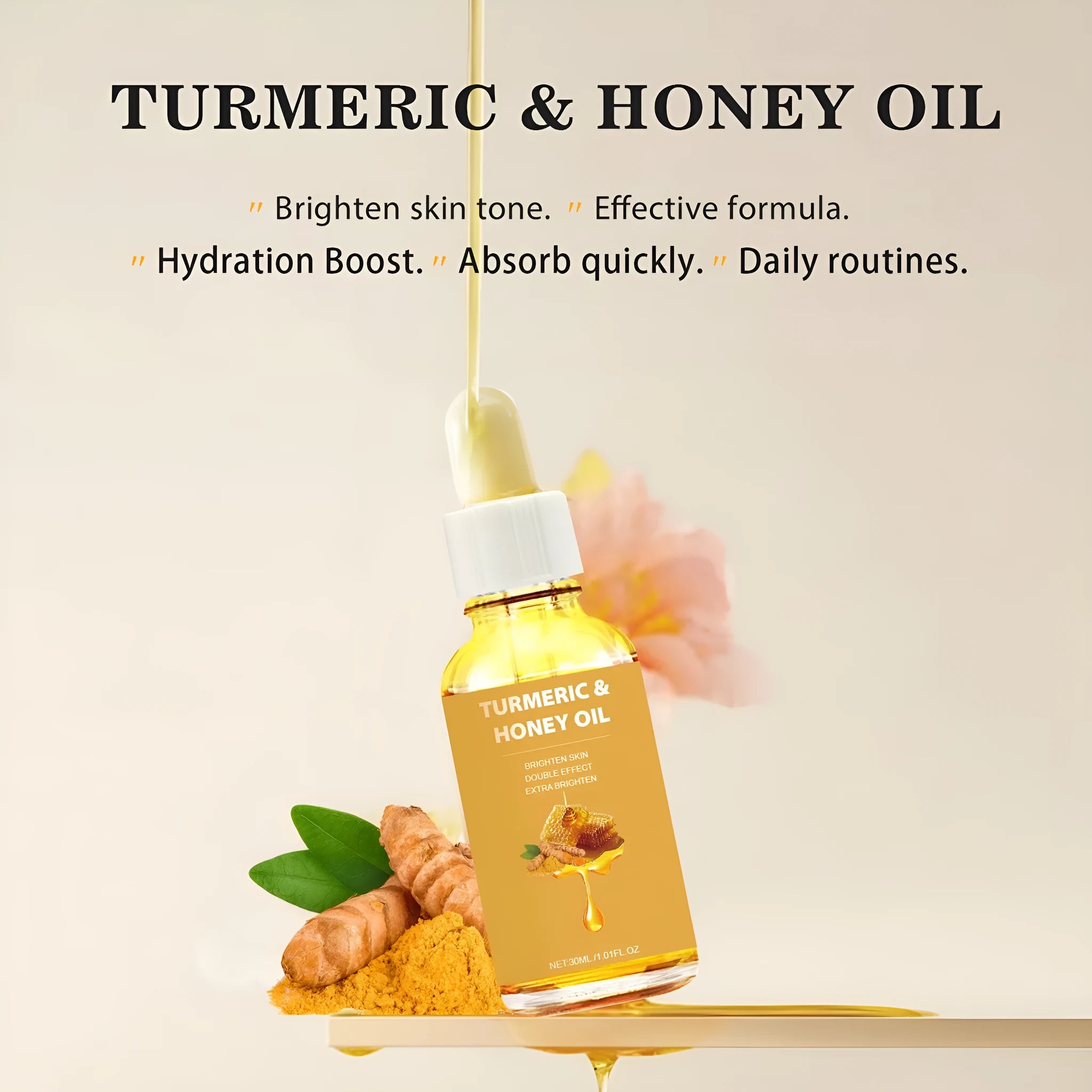 30ml amber glass bottle of Turmeric Honey Essential Oil with neutral label.