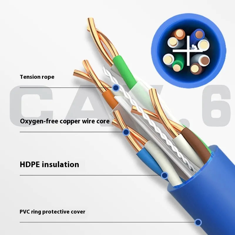 Blue and grey Cat6 UTP network cable with oxygen-free copper conductors in 305-metre bulk packaging