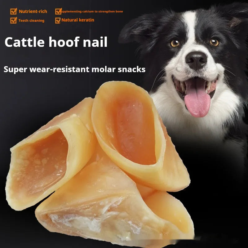 Natural cowhide dog chew bone in hoof shell colour for small and large breed dogs.