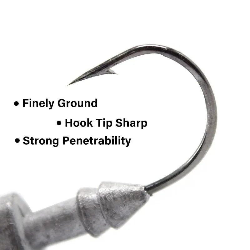 Yayu-shaped lead head fishing hooks in blue, sliver, and yellow, showing various weights from 3.5g to 28g.