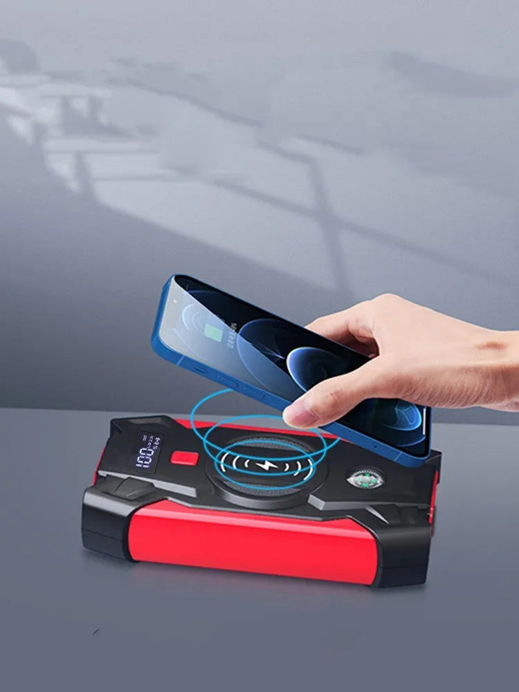 Red car emergency start power device with digital display showing 39800W output for vehicle jump starting