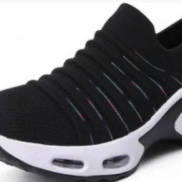 Women's plus size stretch knit socks shoes in Tao dark blue colour with mesh upper and low heel.