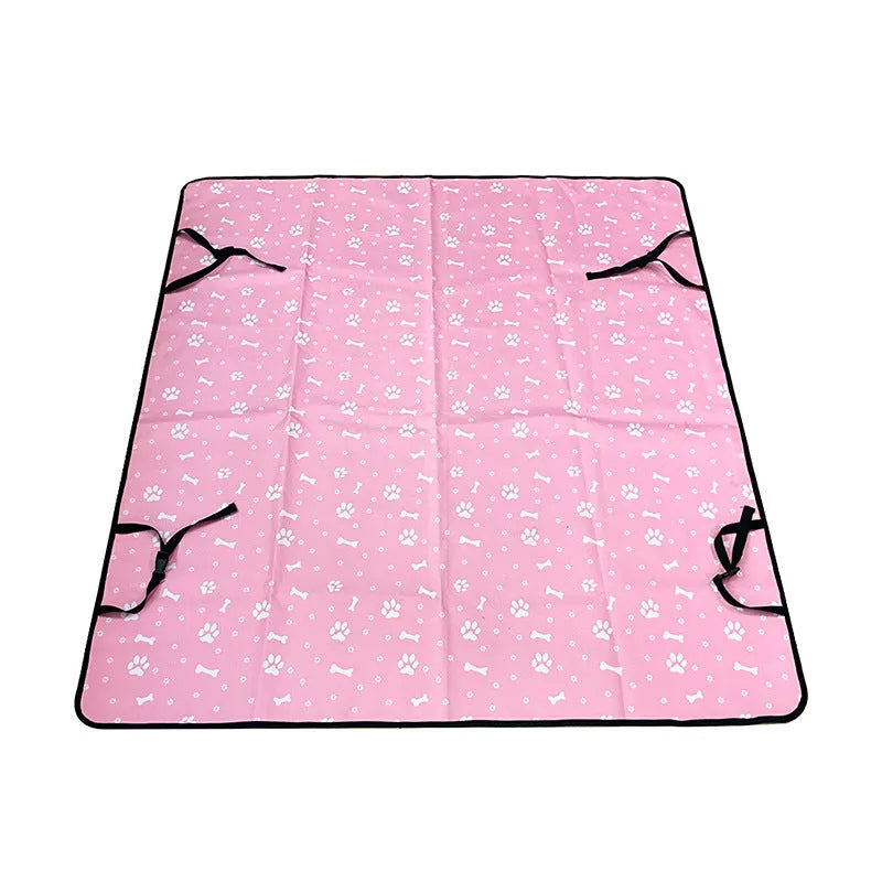 Car pet mat covering rear seat with water resistant cloth material in choice of colours and paw print designs