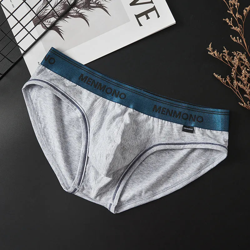 Men's low waist cotton briefs in a grey and red colour combination on a white background.