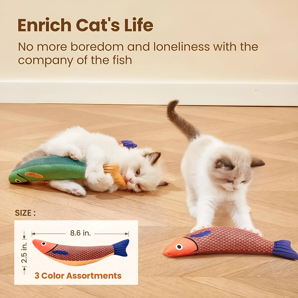Saury fish-shaped cat kicker toy in bright colours with soft plush exterior