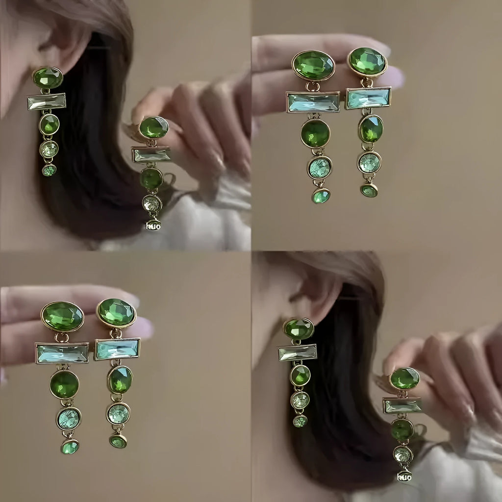 Green gradient geometric alloy earrings with tassel design and inlaid zircon detailing