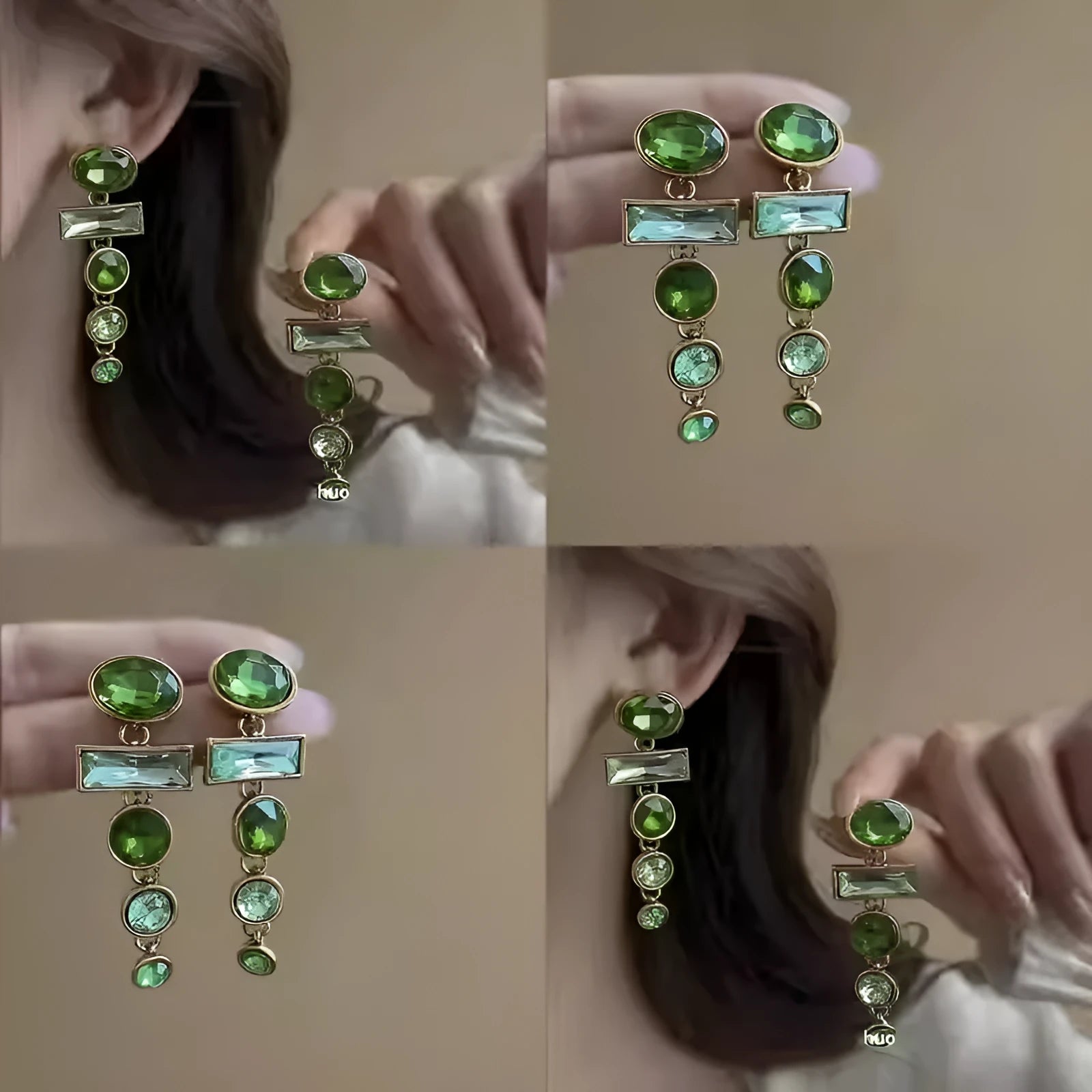 Green gradient geometric alloy earrings with tassel design and inlaid zircon detailing