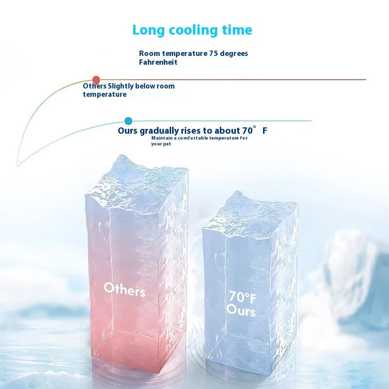 Ice silk pet cooling mat for dogs on a floor, showing non-slip base and scratch-resistant surface