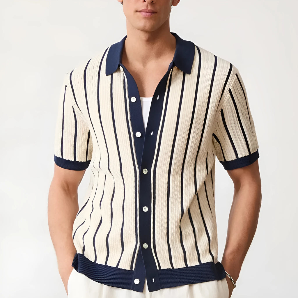 White men's knitted V-neck top with asymmetric British style design and short sleeves