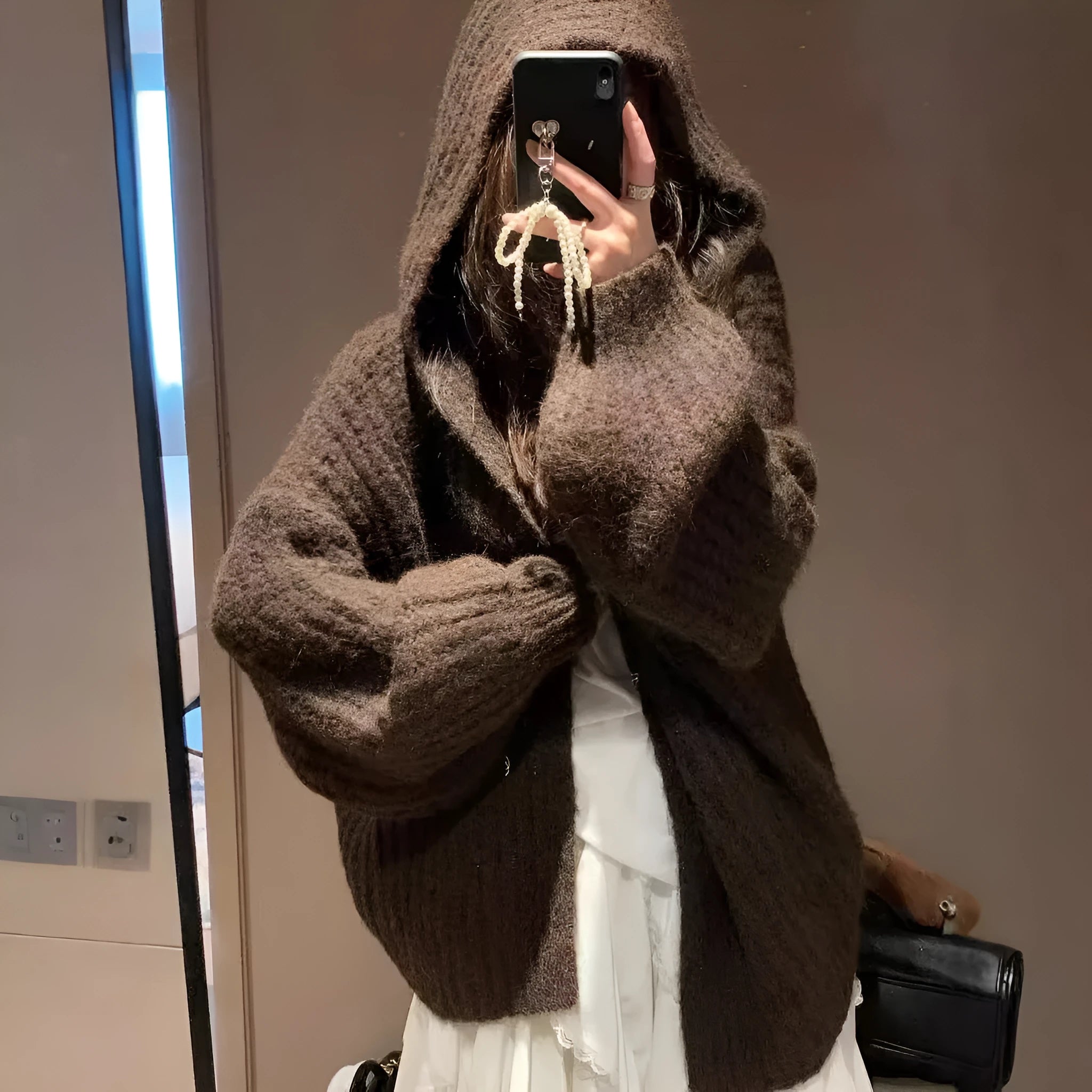 Women's thick grey hooded cardigan sweater with loose fit and regular sleeves