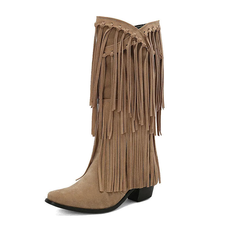 Women's beige suede mid-calf boots with a chunky heel, tassel detail, and square toe