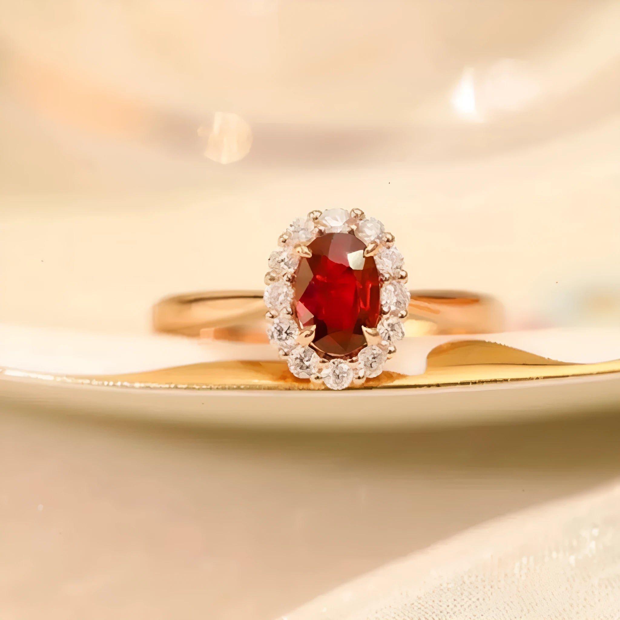 Sterling silver ring with gold pigeon design and red gemstone in floral pattern