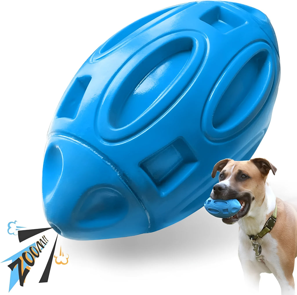 Natural rubber squeaky dog chew toy for aggressive chewers in blue, green and orange colour options