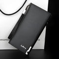 Men's long black PU leather wallet with a prominent zipper closure, shown closed.