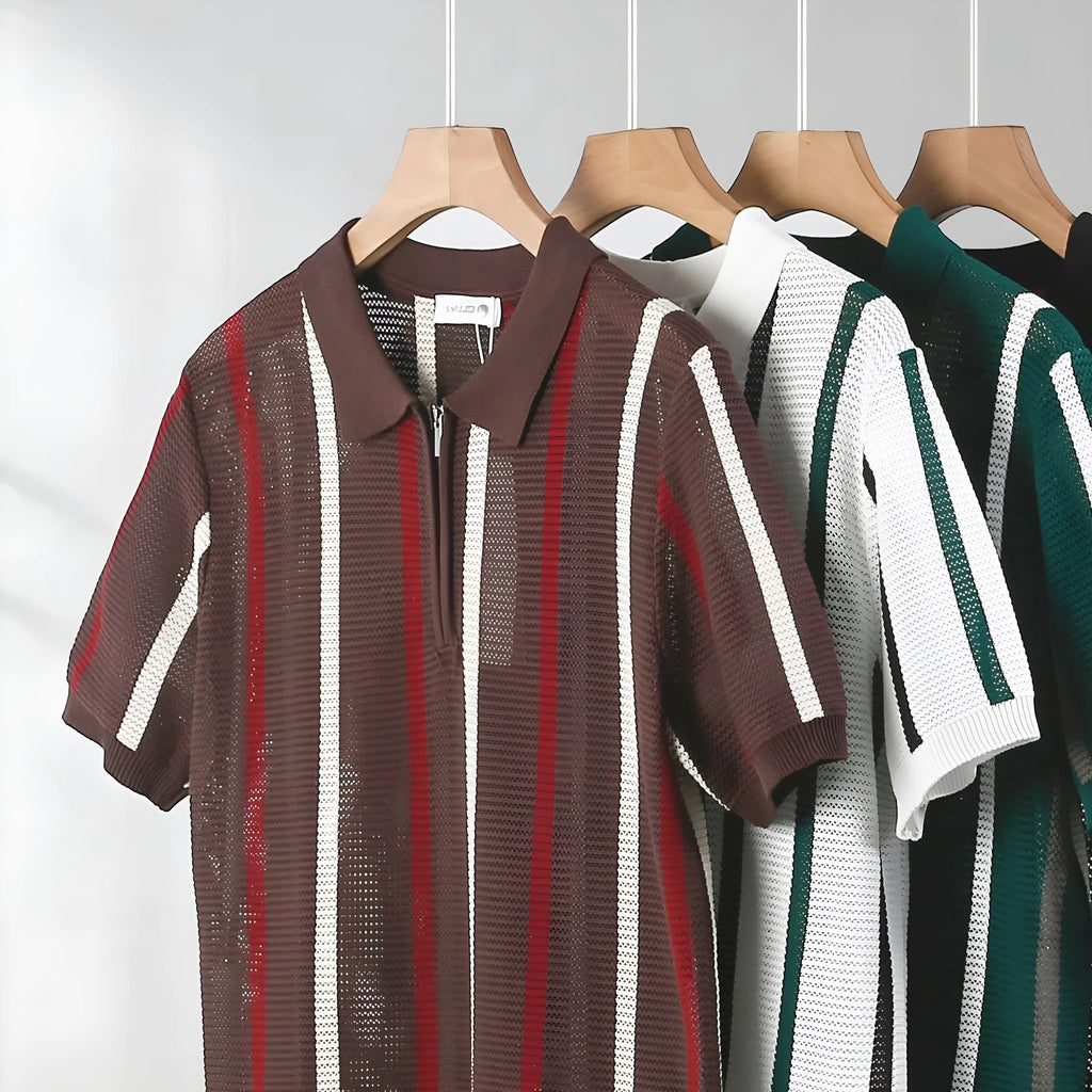 Men's ice silk polo shirt with hollow mesh knitting and zipper decoration in summer colours