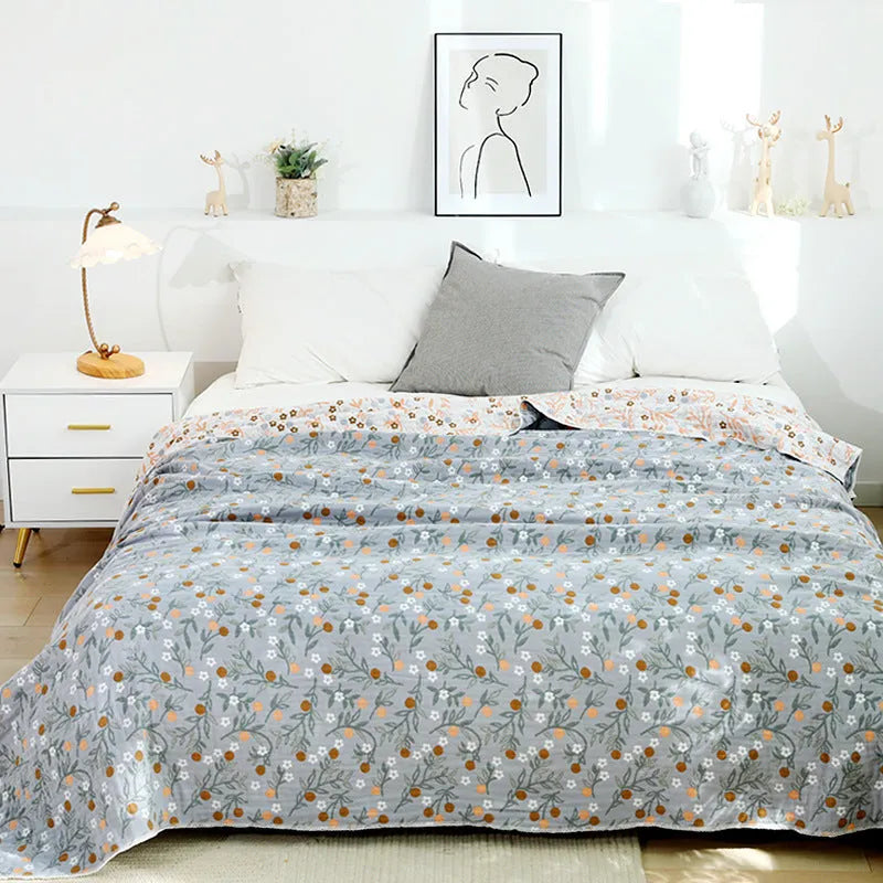 Four-layer cotton gauze lace bedspread with yarn-dyed Jacquard plants and flowers pattern in Japanese style