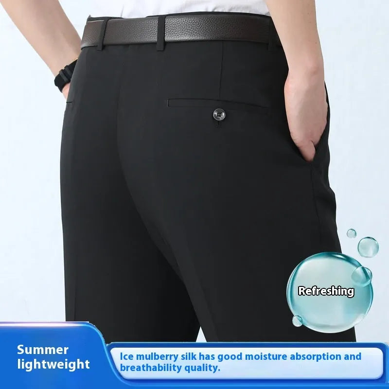 Men's straight cut black mulberry silk blend business trousers with high waist on a hanger.