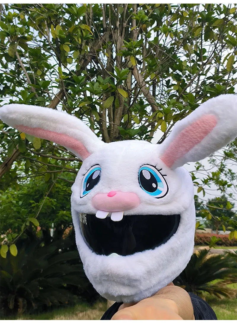 White decorative rabbit head helmet cover for electric motorcycles with plush lining.