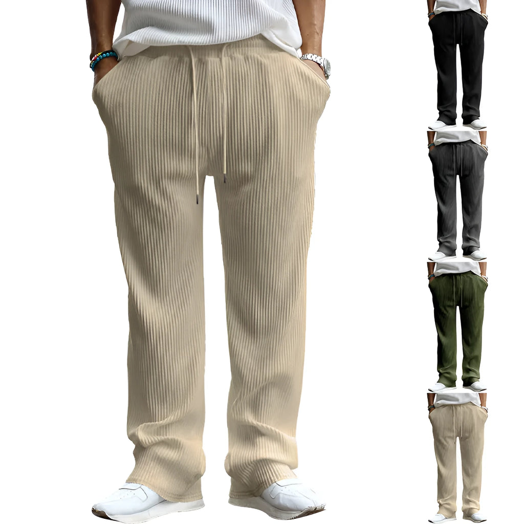 Men's straight leg casual trousers in army green with high waist and striped pattern