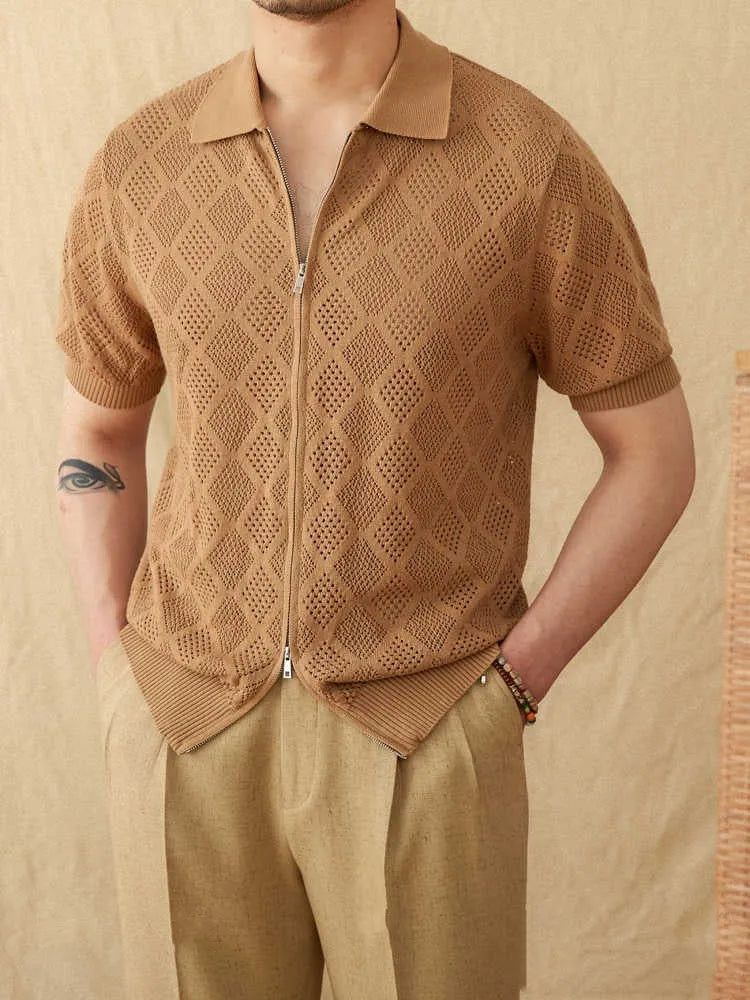 Men's light brown cotton lapel cardigan with zipper closure and short sleeves