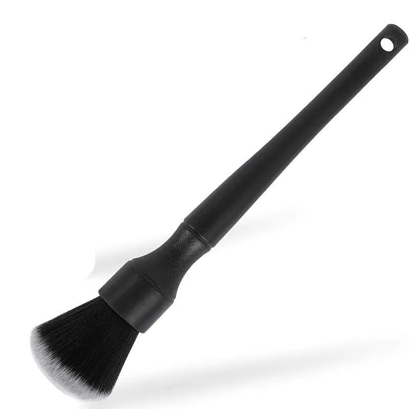 Black ultra-soft car detailing brush with pig hair bristles and PP plastic handle.