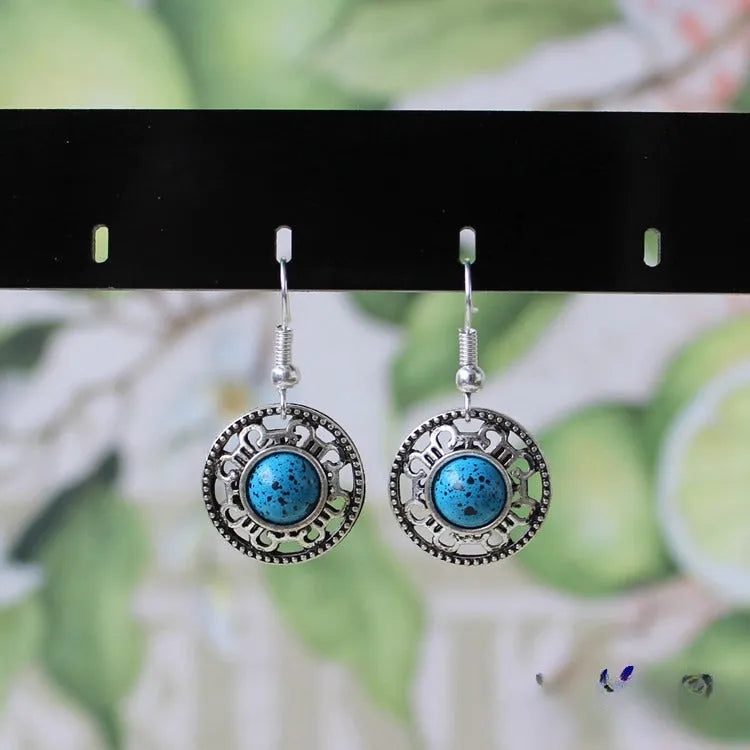 Miao silver geometric flower disk earrings with totem patterns in red, blue or black