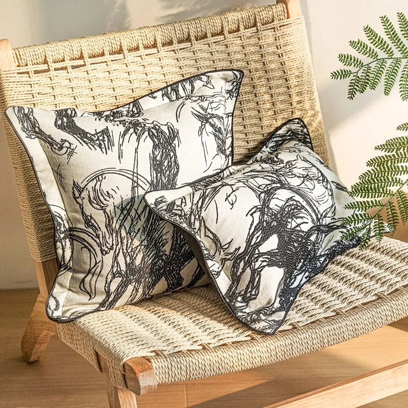 Abstract horse design jacquard cushion pillow in square and waist sizes with gold, black-white, and purple-red colour options