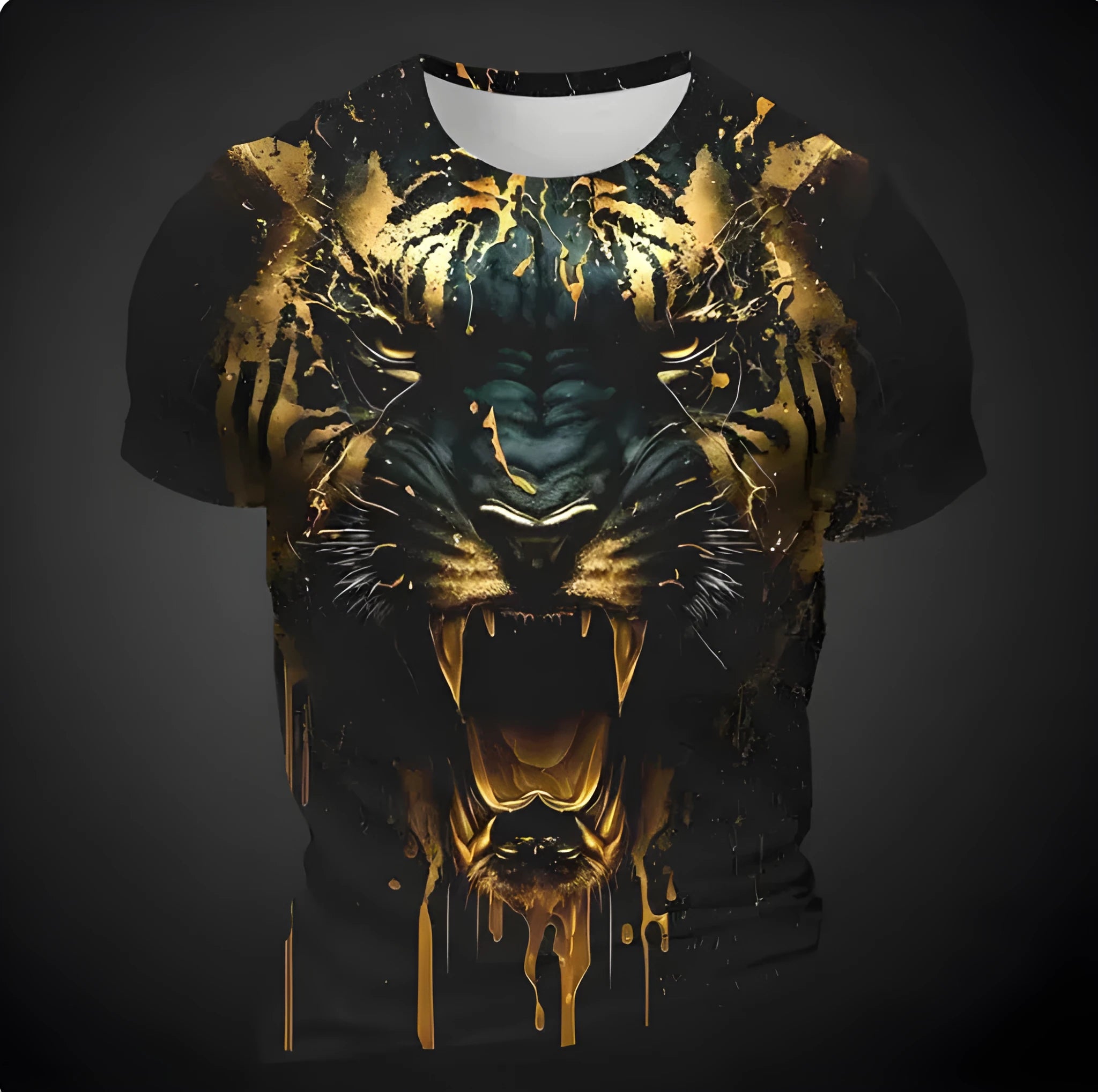 Man wearing a short sleeve T-shirt with a large 3D tiger pattern print across the chest.