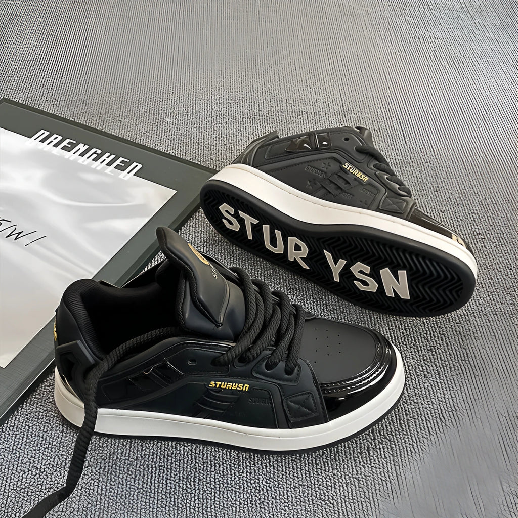 Men's black pu leather board shoes with thick rubber sole and lace-up front