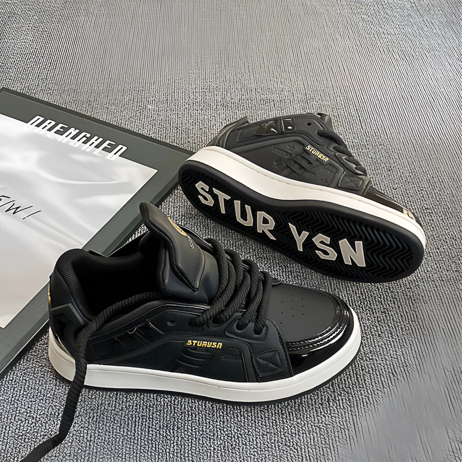 Men's black pu leather board shoes with thick rubber sole and lace-up front